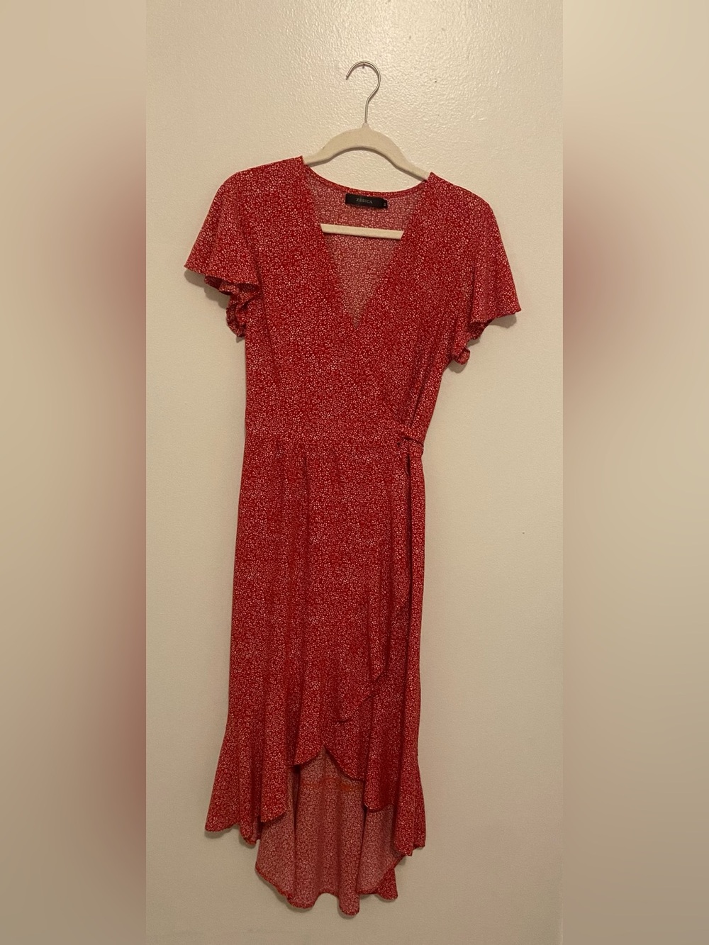 Red Zesica Wrap Midi Dress with Flutter Sleeves
